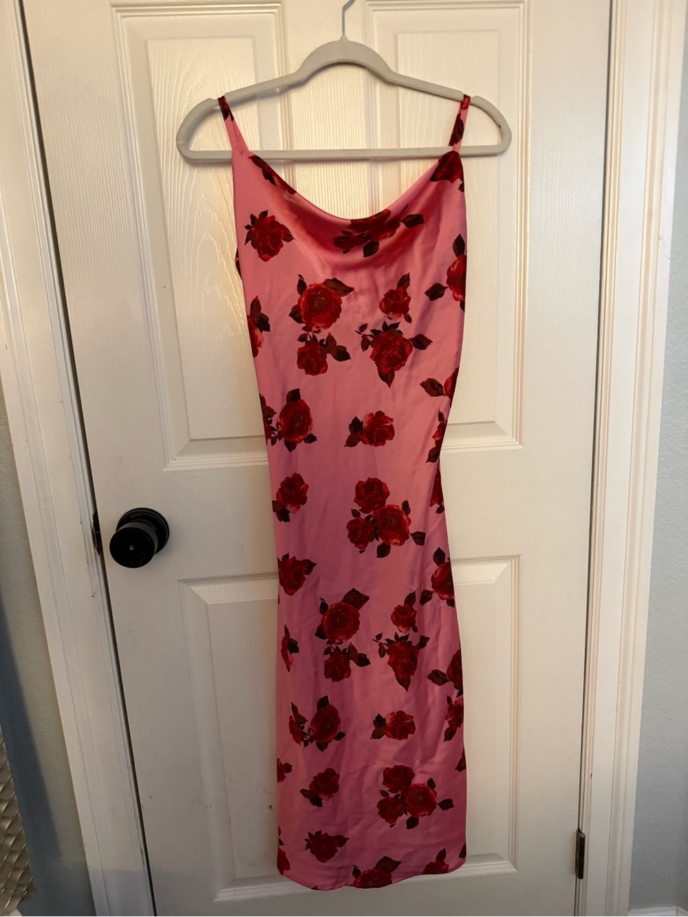 Pink Floral Slip Dress with Red Rose Print